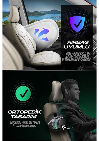 Kemik - Kemik Panda Rodos Serisi Deri Ortopedik Oto Koltuk Kılıfı - Tam Set