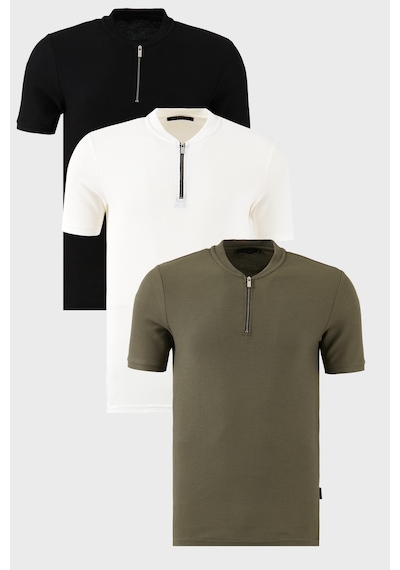 Buratti Pamuklu Regular Fit Yarım Fermuarlı Kolej Yaka 3'Lü Paket Erkek T Shirt 5902653S3 Siyah-Beyaz-Haki