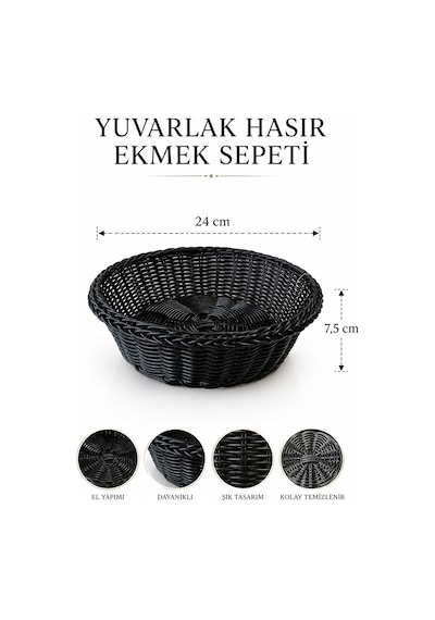 Siyah Hasır Detaylı Yuvarlak Ekmek, Sebzelik Sepeti 24x7,5 Cm