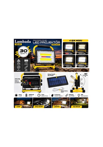 Carub 4500203 Lambada Solar 30w Güneş Enerjili Led Projektör 16000mah Şarjlı 4 Modlu Taşınabilir Kamp Ve Çalışma Lambası