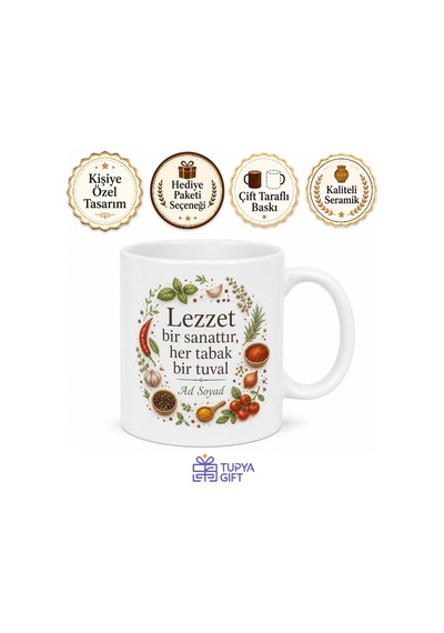 Lezzet Dergisi Temalı Kupa Bardak Gurme Mutfak Hediye Yemek Şef Vegan Tarif Beyaz / Çok Renkli