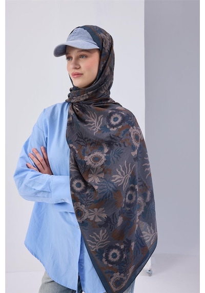 Silk Home Viskon Karışımlı Mayda Şal Çelik Mavi-indigo Desenli Tok Duruşlu 190x70 Çok Renkli