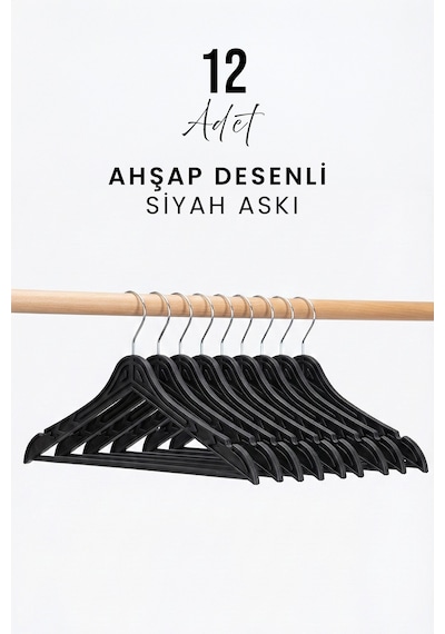 12 Adet Ahşap Desenli Siyah Plastik Elbise Askısı Kaymaz Döner Kancalı Sağlam Gömlek Ceket Askı Seti Diğer