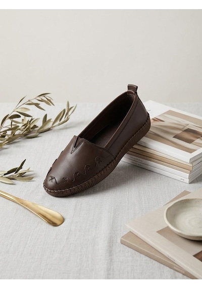 Beren Hakiki Deri Acı Kahve Kadın Babet Ortopedik Taban Düz Motifli Slip-on Comfort Ayakkabı Kahverengi