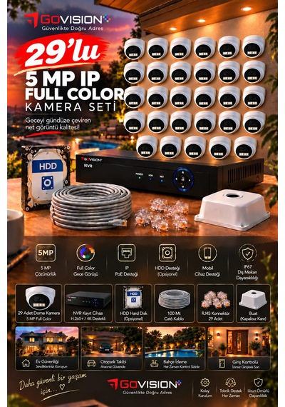 Go Vision 29'lu Güvenlik Dome Ip Kamera Seti - 5mp Dome Kamera, 3.6mm Lens, H.265, Poe, Warm Led Gece Görüşlü