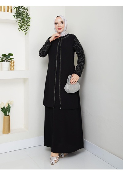 Eslemnur Kolları Taşlı Büyük Beden Anne Elbisesi Siyah