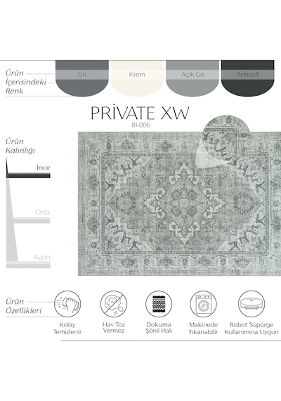 Cool Halı Private Xw Açık Gri Vintage Halı Klasik Soft Modern Yıkanabilir Eskitme Şönil Salon Halısı
