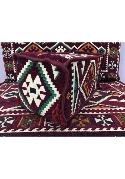 Turkıshrug Kıngdom Şark Köşesi Takımı 13 Parça - Anadolu Deseni Süngerli Sedir, Puf Ve Kilim Seti Bordo