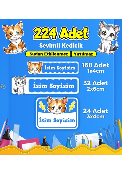 Sevimli Kedi Temalı Okul Kreş Kişiye Özel İsim Etiket Seti - Model 368 Çok Renkli