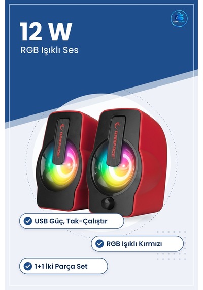 Hoparlör Seti 2.0 Usb Rgb Işıklı Kırmızı Multimedya 12w Bilgisaya