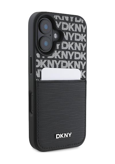 Apple Uyumlu iPhone 16 Kılıf Dkny Lisanslı Kartlıklı 3d Yazılı Repeat Texture Pattern Kapak Siyah