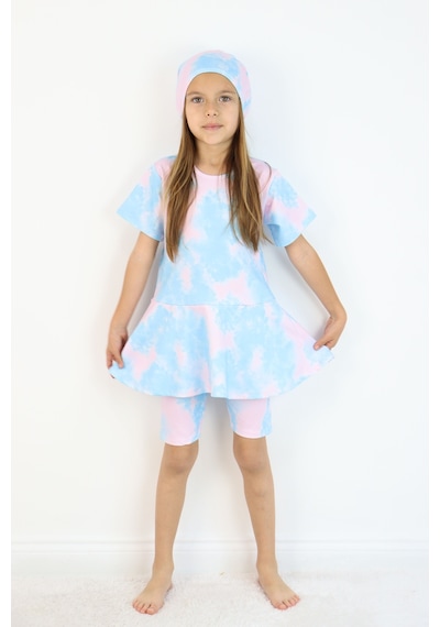Lyraxkids Kız Çocuk Bisiklet Yaka Etekli Mayo Ve Tayt Bone Dahildir. Pembe - Mavi