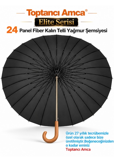 Toptancı Amca Şemsiye 24 Tel Bay Lüx Baston Ahşap Sap Sky-60 120 Cm Çap Gerçek Fiber İskelet Siyah