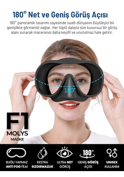 Molys F1 Pro Dalış Maskesi + Antı Fog Buğu Önleyici Film + Dalış Maskesi Kutusu Küçük Yüz Yapısı İçin İdeal Pembe