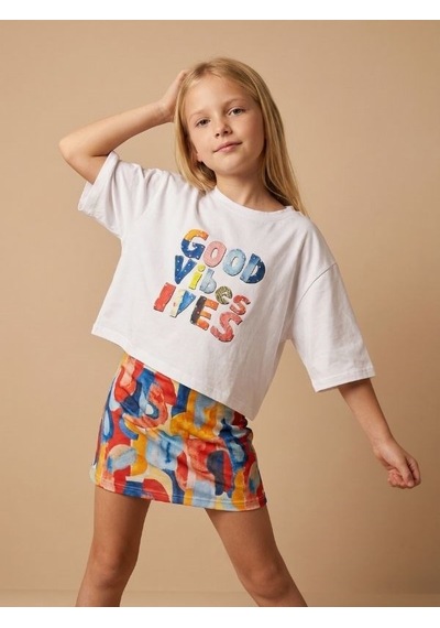 Zekids Kız Çocuk Good Vibes Baskılı Oversize T-shirt-17189 Ekru