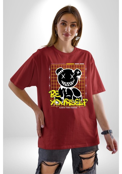 Kendin Ol Pamuklu Bisiklet Yaka Unisex Oversize Boyfriend Dijital Baskılı Kırmızı T-shirt Kırmızı