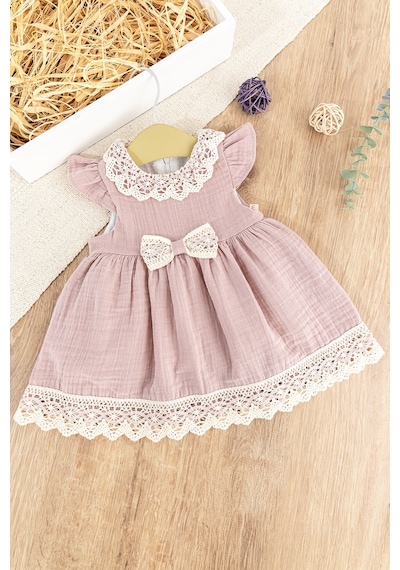 Babymod Güpür Dantelli Fiyonklu Yazlık Müslin Kız Bebek Elbise 001