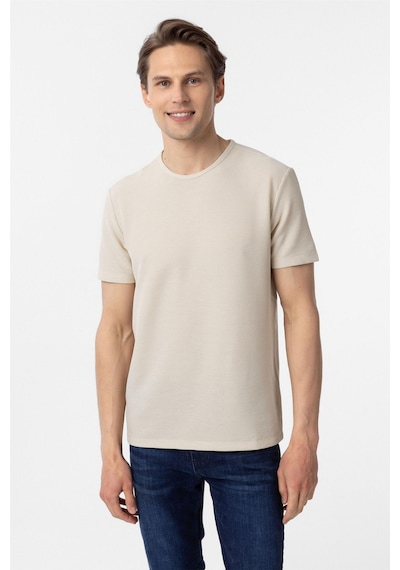 Süvari Bej Slim Fit Armürlü Bisiklet Yaka Tişört