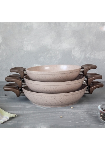 Gülsan Safran 3 Parça Granit Sahan Seti Tava Set 18 CM - 20 CM - 22 CM Krem