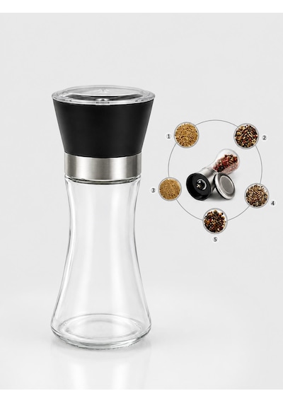 Seramik Öğütücülü 5 Kademe Ayarlı Cam Tuz Karabiber Değirmeni Plastik Kapak 200 Ml Şeffaf 18 Cm Renksiz/şeffaf