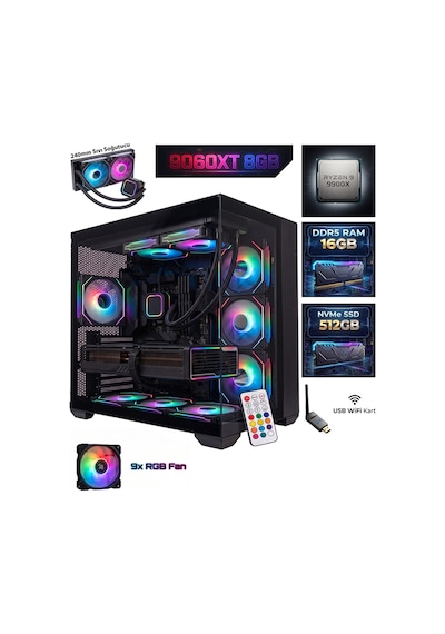 Comloji CMLJ53 R9-9900X 16 GB 512 GB SSD RX9060XT Free Dos Masaüstü Oyuncu Bilgisayarı