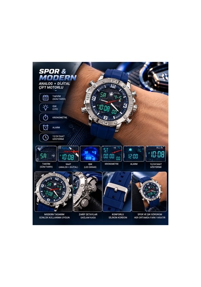 Erkek Analog Dijital Silikon Kordon Alarm Kronemetreli Led Işıklı Kol Saati Gümüş - 929326242 Siyah