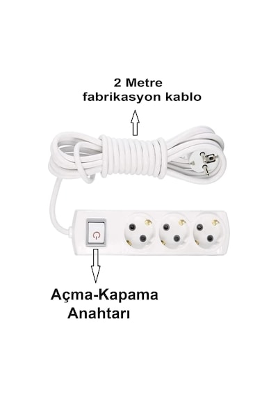 Grup Priz Topraklı 3'lü Çoklu Anahtarlı Priz Seyyar Ara Uzatma Kablosu Kablo 2 Metre 2 m