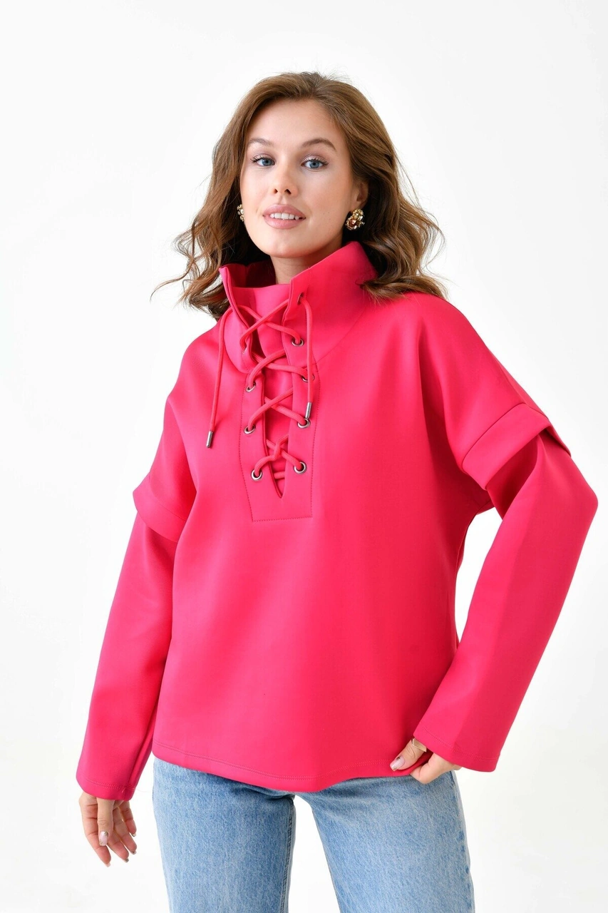 Kadın Yakası Bağcıklı Scuba Oversize Spor Şık Tasarım Sweatshirt Fuşya