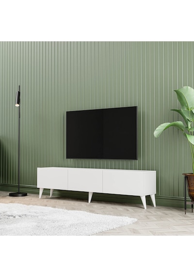 1240 Eva 3 Kapaklı Kulpsuz 150 Cm Ayaklı Tv Ünitesi Beyaz