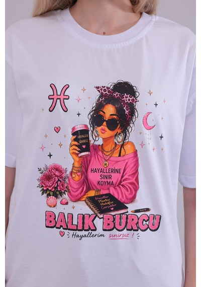 Balık Burcu Kadın Tişört Beyaz