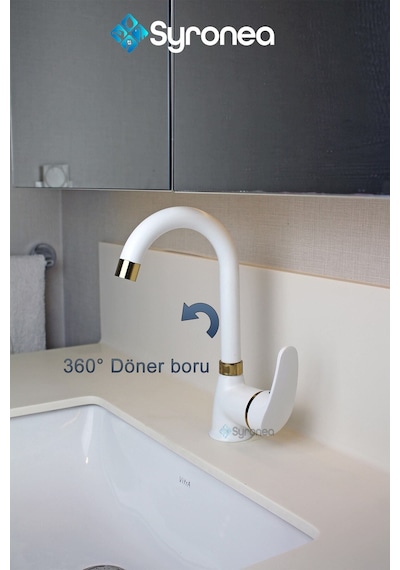 Mat Beyaz Kısa Nano Teknoloji Banyo Lavabo Bataryası Altın Desenli Musluk Beyaz