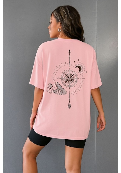 Pusula Baskılı Oversize Unisex Tişört Pembe
