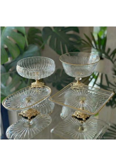 Çnr Home Collection Golda Detayli Metal Ayak 4 Parça Sunum & Servis Seti Gold