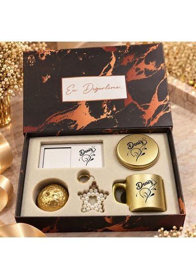 Bk Gift Kişiye Özel İsimli Gold Kahve Fincanı & Mum & Mdf Altlıklı Dekor & Anahtarlık - Hediye Kutulu Gold Set-4