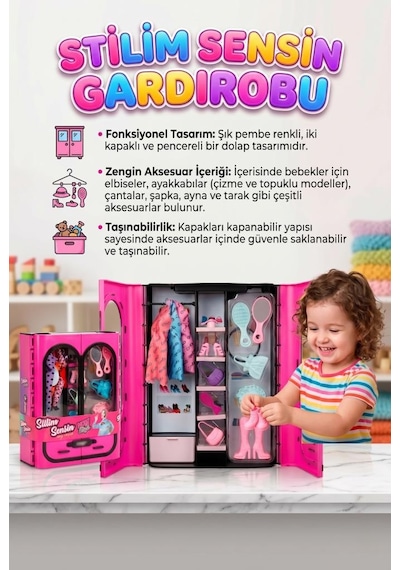Stilim Sensin 3 Farklı Şık Kıyafetli Ve Aksesuarlı Çift Kapaklı Taşınabilir 34cm Oyuncak Gardırop 1