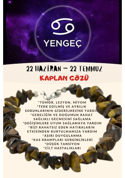 Gümüştel El Sanatları Sertifikalı Burç Taşı Yengeç Burcu Kaplan Gözü Taşı Bileklik Kahverengi