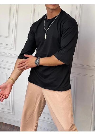 Modefendi İki İplik Fakir Kol Oversize Tshirt Siyah