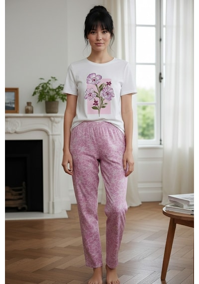Siyah İnci Ekru Desenli Pamuklu Bisiklet Yaka Örme Pijama Takım
