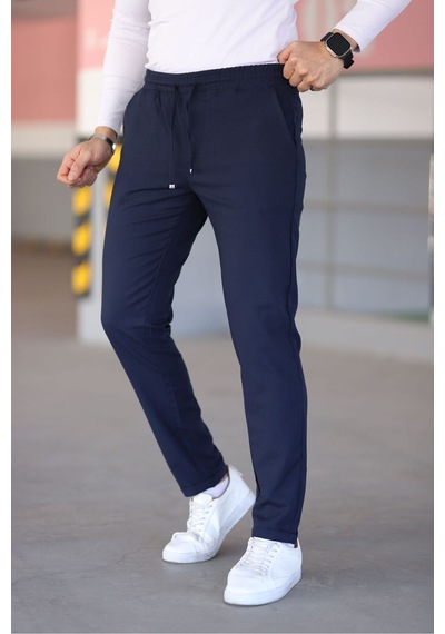 Bürke Erkek Lacivert Beli Lastikli Bağcıklı Esnek Fitted Jogger Pantolon Kumaş Pantolon