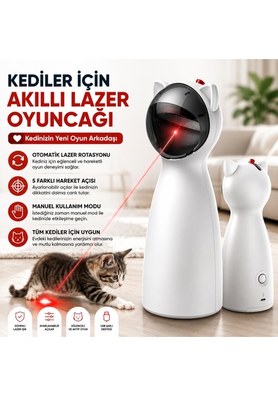 Hpytech Otomatik Lazer Kedi Oyuncağı Hpytech Lazer Işıklı Kedi Oyuncağı 5 Hareket Seviyesi Usb & 4 Aa Pil Destekli Manuel Modlu İnteraktif Kedi Oyuncağı