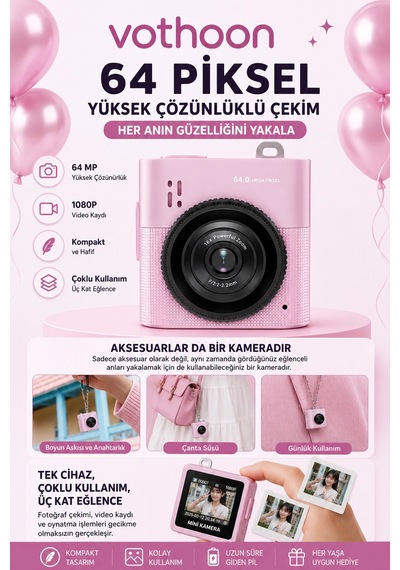 Mini Dijital Kamera 64mp 16x Digital Zoom 1.4 Ekranlı Video Kamera Taşınabilir Tasarım Pembe