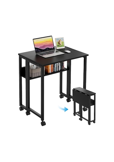 Sidney Kitaplık Raflı Katlanır Masa 70cm Tekerli Bilgisayar Masası Laptop Masası Siyah Siyah