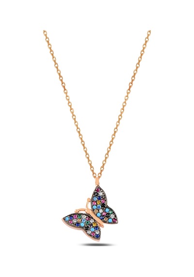 Çekirdekjewelry 925 Ayar Gümüş Kelebek Kolye Rose Kaplama Renkli Taşlı Zarif Tasarım Pembe