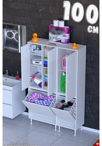 Sarer 100 Cm Çok Amaçlı Düzenleyici Ve Sepetli Banyo Dolabı - Beyaz 65+35 X160x32 Cm