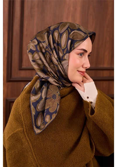 Silk Home Twill İpek Eşarp Lacivert Yeşil Vizon Papatya Desenli Tok Duruşlu 90x90 Çok Renkli