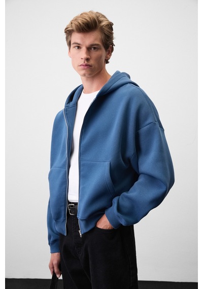 Grımelange Songulo Erkek Fermuarlı Kapüşonlu Mavi Sweatshirt