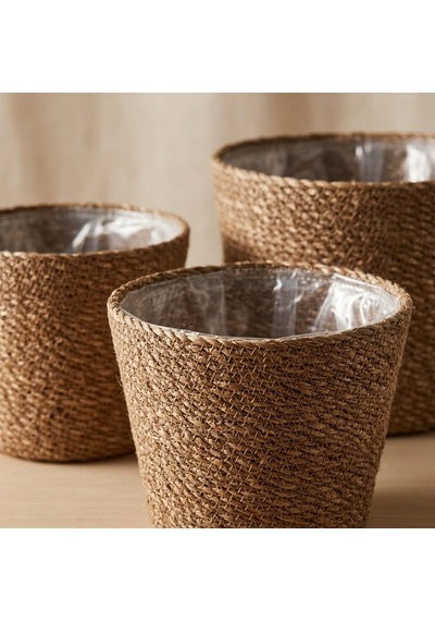 3'lü Yuvarlak Hasır Saksı Seti, El Yapımı Doğal Dokulu İç Astarlı Dekoratif Saksı, Büyük 25x18 Cm Orta 22x15 Cm Küçük 20x13 Cm, Geri Dönüşüme Uygun Hasır Set