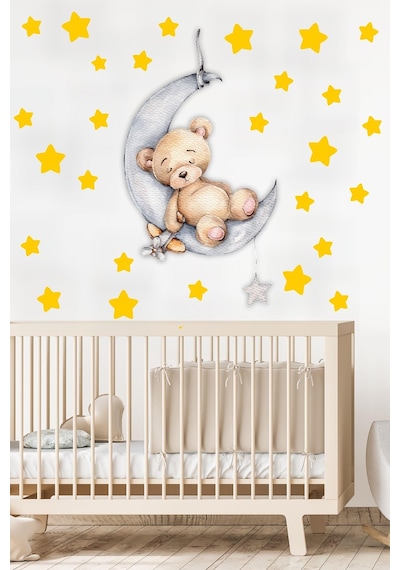 MSticker Ayda Uyuyan Sevimli Ayıcık Ve Sarı Yıldızlar Çocuk Bebek Odası Sticker Seti