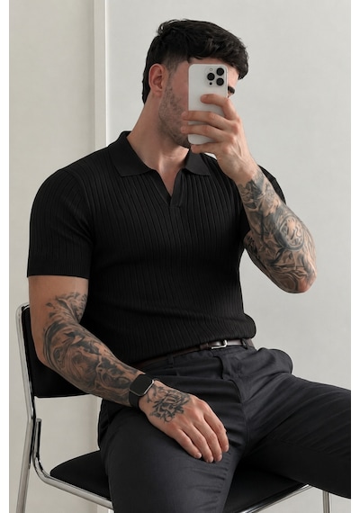 Tarz Cool Premium Fitilli Triko Polo Yaka Erkek Old Money T-shirt Siyah