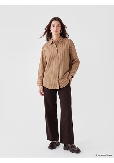 Lcw Modest Sarı Çizgili Oversize Poplin Kadın Gömlek